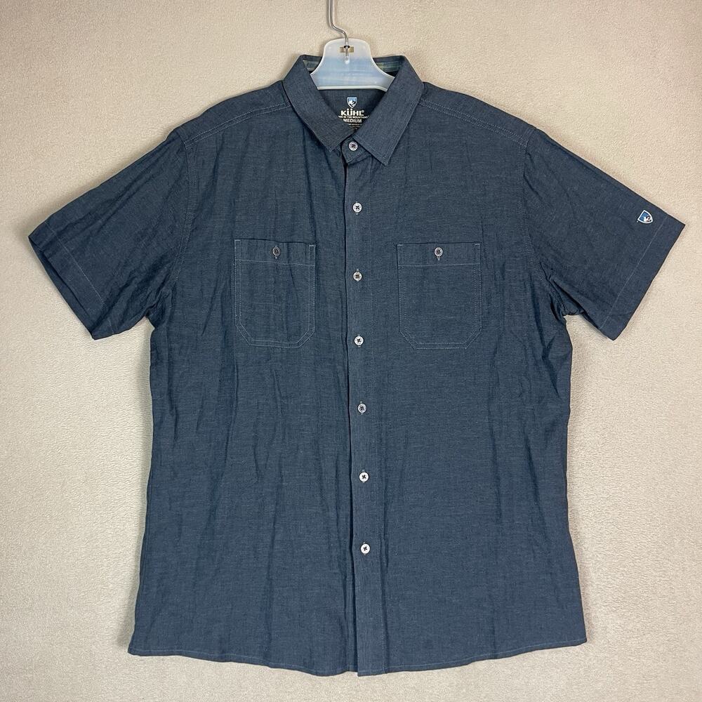 Kuhl Shirt Mens M Gray Skorpio Linen‎ Bland Short Sleeve Chest Pockets Button Up